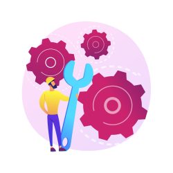 Ecology protection. Environment preservation, nature conservation, eco friendly mechanism idea. Cogwheels and leaves, mechanical parts with foliage. Vector isolated concept metaphor illustration